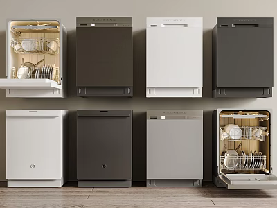 Kitchen Appliances Featuring Various Colored Dishwashers With Open Closed Styles And Interior Dishes 3d model