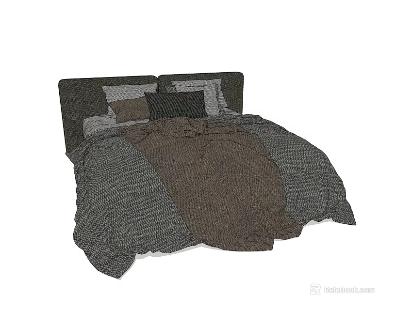 Modern Double Bed With Dark Headboard Gray Brown Bedspread And Pillows 3d model