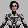 Woman In Futuristic High Tech Mechanical Armor Suit With Sleek Metallic Details