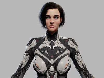 Woman In Futuristic High Tech Mechanical Armor Suit With Sleek Metallic Details 3d model