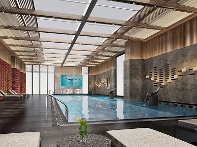 Indoor Swimming Pool With Glass Roof Modern Design Wooden Decor And Relaxation Seating Area 3d model