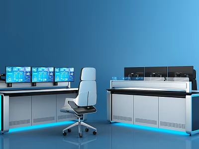 Modern Console Desks With Multiple Monitor Screens Office Chair And Blue Lighting 3d model