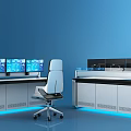 Modern Console Desks With Multiple Monitor Screens Office Chair And Blue Lighting