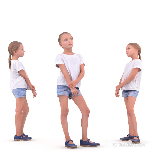 Woman Wearing White Top And Blue Denim Shorts In Different Poses On White Background 3d model 