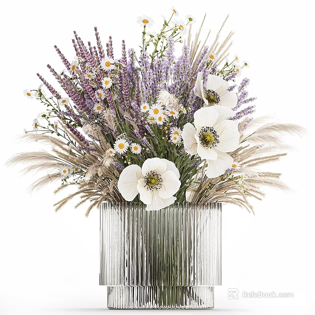 Elegant Silver Ribbed Vase with White Anemones Lavender Daisies and Pampas Grass 3d model 