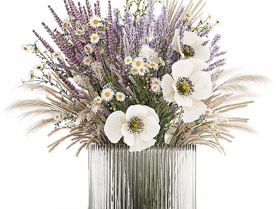 Elegant Silver Ribbed Vase with White Anemones Lavender Daisies and Pampas Grass 3d model