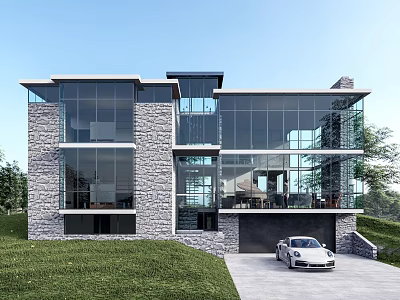 Modern Two Story Detached Villa Stone Exterior Large Glass Windows Front Lawn Garage White Car 3d model