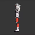 Mythical Armored Creature With White Red Gray Armor And Spiked Headpiece Standing On Reflective Surface