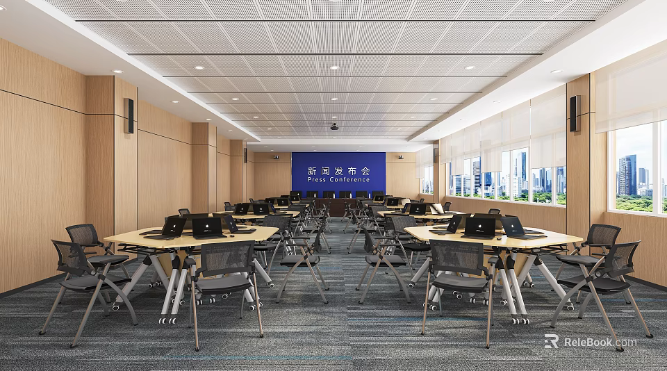 Modern Tech Conference Room Interior With Tables Chairs Laptops And Windows 3d model