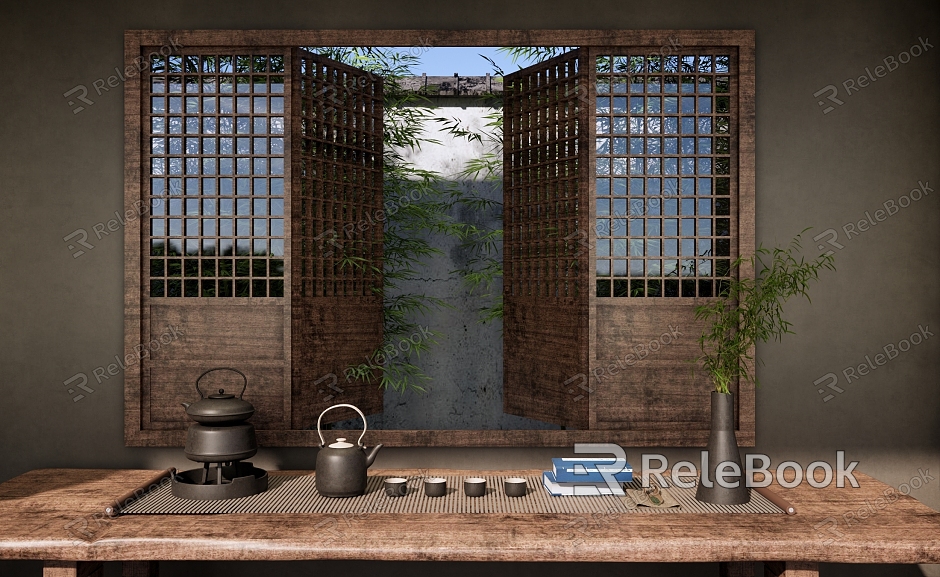 New Chinese Style Tea Room Chinese Hollow Wooden Window Chinese Style Garden Window View Garden Bamboo Forest Bamboo Tea Set Teapot model