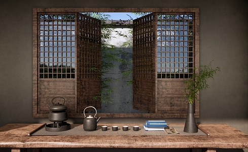 New Chinese Style Tea Room Chinese Hollow Wooden Window Chinese Style Garden Window View Garden Bamboo Forest Bamboo Tea Set Teapot 3d model