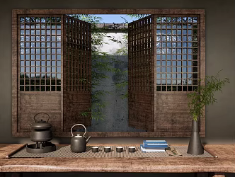 New Chinese Style Tea Room Chinese Hollow Wooden Window Chinese Style Garden Window View Garden Bamboo Forest Bamboo Tea Set Teapot 3d model