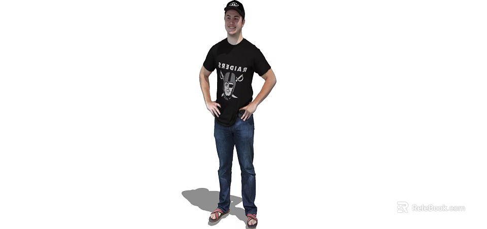 Man Standing With Hands On Hips Wearing Black INDIAN T shirt Blue Jeans And Cap 3d model 