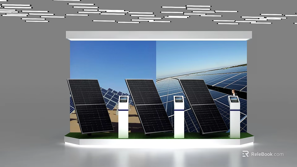 Modern Display Shelves Showcasing Solar Panels with Digital Screens in Exhibition Setting 3d model 