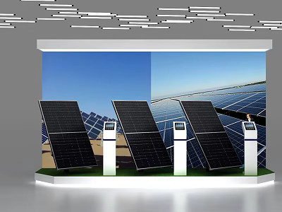 Modern Display Shelves Showcasing Solar Panels with Digital Screens in Exhibition Setting 3d model