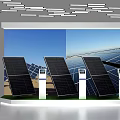 Modern Display Shelves Showcasing Solar Panels with Digital Screens in Exhibition Setting