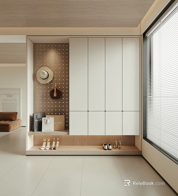 Modern Shoe Cabinet With White Doors Pegboard Hat Bag Shoe Rack And Window In Interior 3d model 