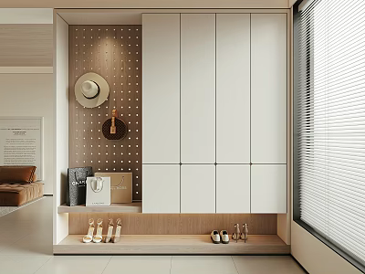 Modern Shoe Cabinet With White Doors Pegboard Hat Bag Shoe Rack And Window In Interior 3d model
