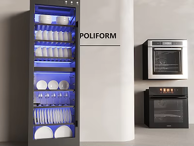Modern Kitchen With Blue Lit Display Cabinet Dishes Glasses Built In Oven And Black Appliances 3d model