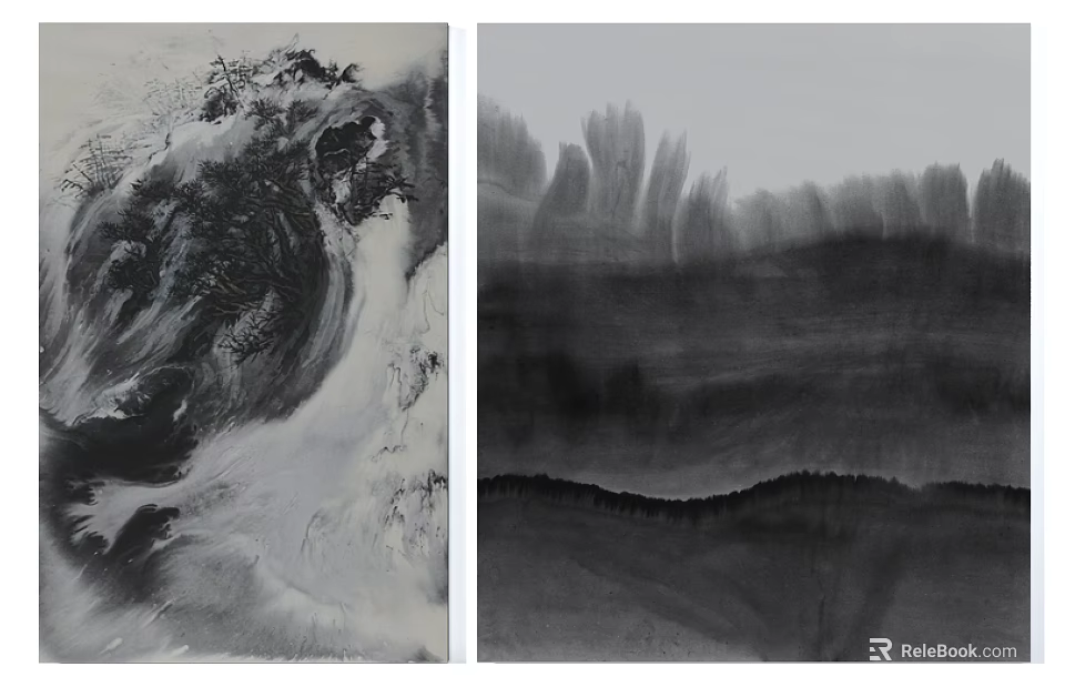 Traditional Chinese Ink Paintings Featuring Seascape and Mountain Landscapes in Black and White 3d model 