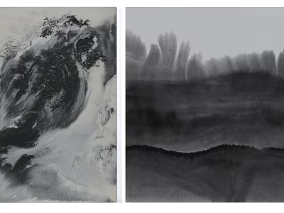 Traditional Chinese Ink Paintings Featuring Seascape and Mountain Landscapes in Black and White 3d model