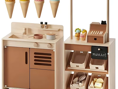 Wooden Kitchen Cabinets In Kids Market Play Set With Accessories 3d model