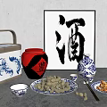 Traditional Chinese Snacks Display with Nuts Peanuts Ceramic Containers and Calligraphy Art 3d model