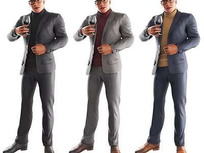 Three Men In Formal Suits Holding Wine Glasses Standing Elegantly 3d model