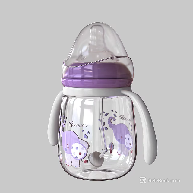 Ceramic Baby Bottle With Purple Lid White Handles And Cartoon Monkey Design 3d model 