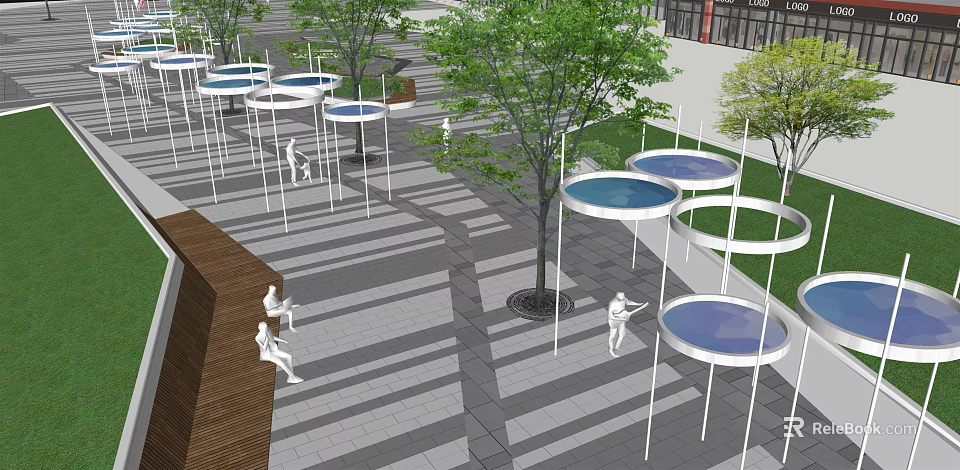 Park Landscape With Circular Blue Structures Trees Stone Pathways And People Relaxing 3d model