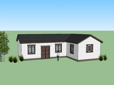 Single Story House Exterior With White Walls Black Roof Green Grass And Trees 3d model