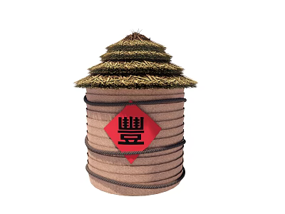 Traditional Storage Container With Straw Roof And Red Feng Character Design 3d model