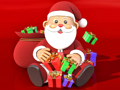 Smiling Santa Claus Sculpture on Red Background with Colorful Gift Boxes and Gift Bag 3d model
