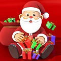 Smiling Santa Claus Sculpture on Red Background with Colorful Gift Boxes and Gift Bag