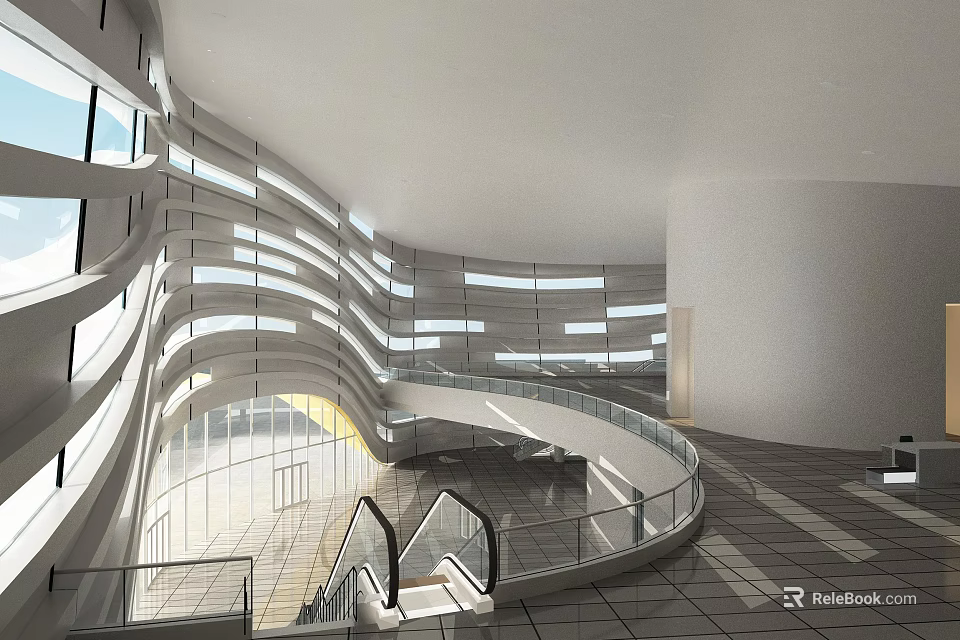 Front Desk Reception in Modern Lobby with Spiral Staircase Glass Railings and Tiled Flooring 3d model 