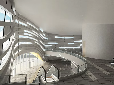 Front Desk Reception in Modern Lobby with Spiral Staircase Glass Railings and Tiled Flooring 3d model