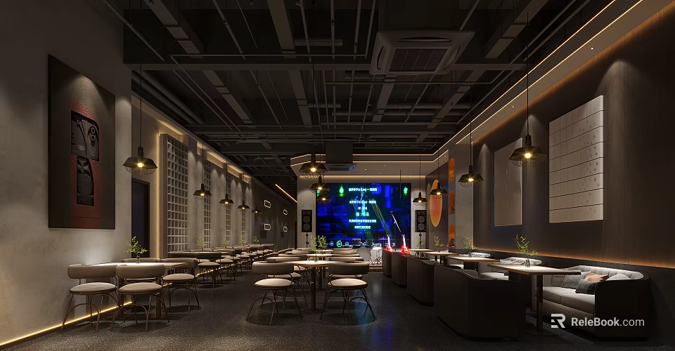 Modern Restaurant Interior With Arranged Tables Chairs Pendant Lights Neon Sign And Wall Decor 3d model 