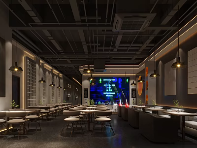 Modern Restaurant Interior With Arranged Tables Chairs Pendant Lights Neon Sign And Wall Decor 3d model