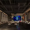 Modern Restaurant Interior With Arranged Tables Chairs Pendant Lights Neon Sign And Wall Decor