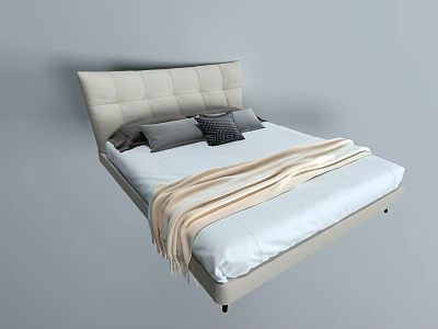 Double Bed With Beige Upholstered Headboard Gray Pillows And Cream Blanket 3d model
