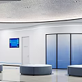 Modern Bank Lobby Interior With Round Blue Sofas Digital Screens And Marble Flooring