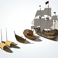Various Types Of Wooden Boats Including Large Sailing Ship And Small Craft With Sails
