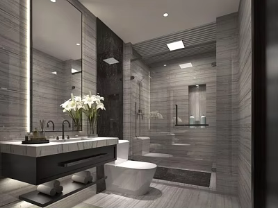 Modern Elegant Bathroom Interior With Striped Marble Tiles Floating Vanity And Glass Enclosed Shower Space 3d model