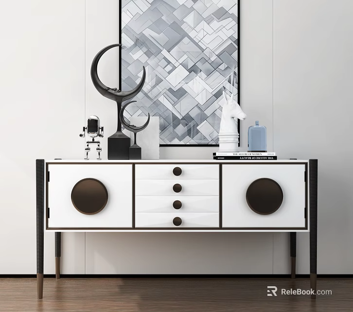 Modern Console Table Sideboard Black White Design With Round Accents Wall Art And Decorative Objects 3d model