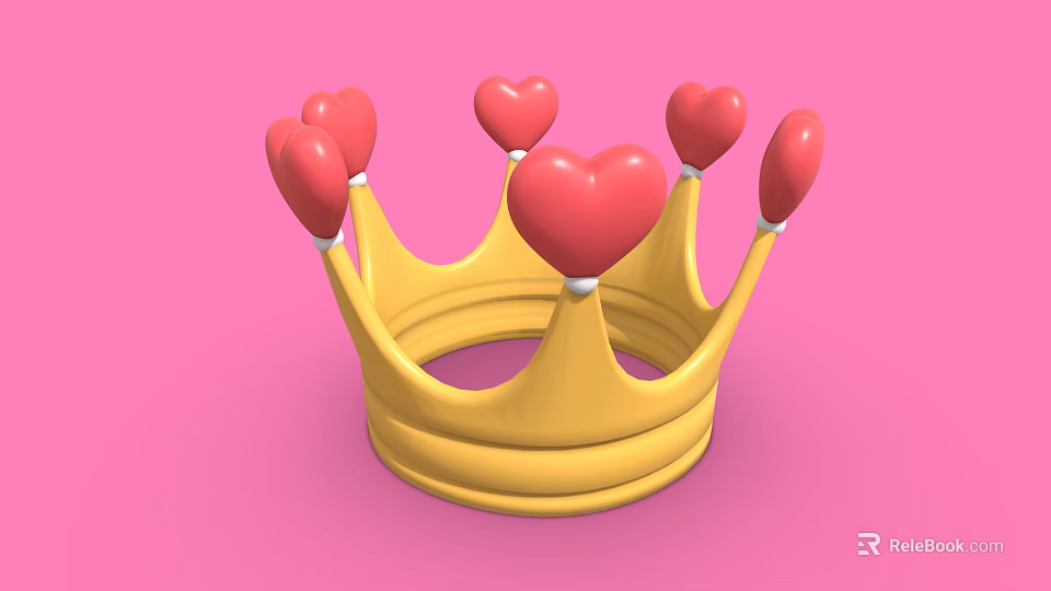 Yellow Crown Hat with Five Red Heart Decorations and White Balls on Pink Background 3d model 