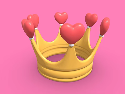 Yellow Crown Hat with Five Red Heart Decorations and White Balls on Pink Background 3d model