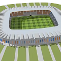 Sports Stadium Interior With Green Grass Field And Blue Orange Seats