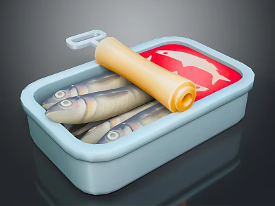 Canned Fish Container With Red Label And Yellow Oil Roll Inside 3d model
