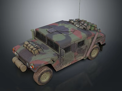 Camouflaged Military Hummer Vehicle With Roof Equipment Antenna And Rugged Tires 3d model