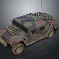 Camouflaged Military Hummer Vehicle With Roof Equipment Antenna And Rugged Tires
